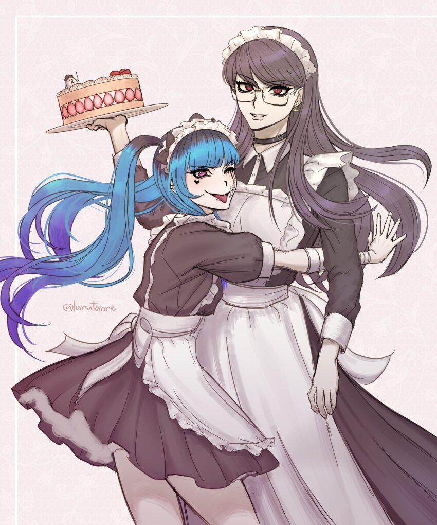 2girls, absurdres, alternate_costume, amemiya_darumi, apron, arms_around_another's_waist, bandaged_wrist, bandages