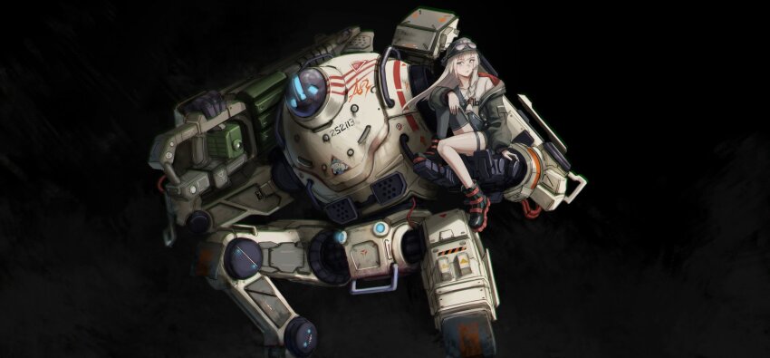 1girl, asymmetrical_legwear, aviator_sunglasses, black_background, black_boots, black_coat, black_hat, black_thighhighs