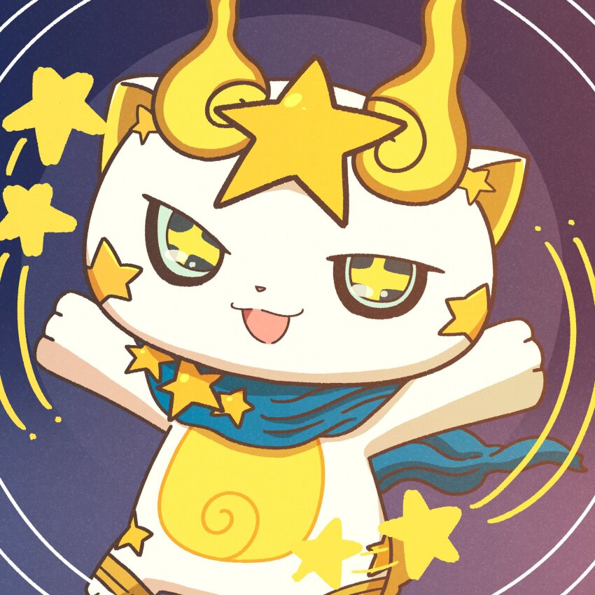 arms_up, blue_scarf, highres, kirakoma, looking_at_viewer, no_humans, open_mouth, scarf