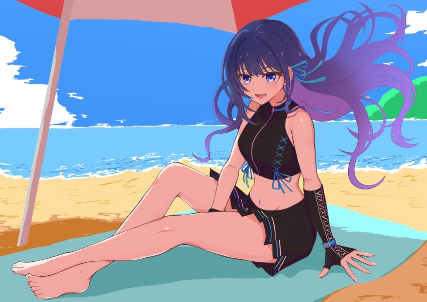 1girl, beach, beach_mat, beach_umbrella, bikini, fingerless_gloves, gloves, highres