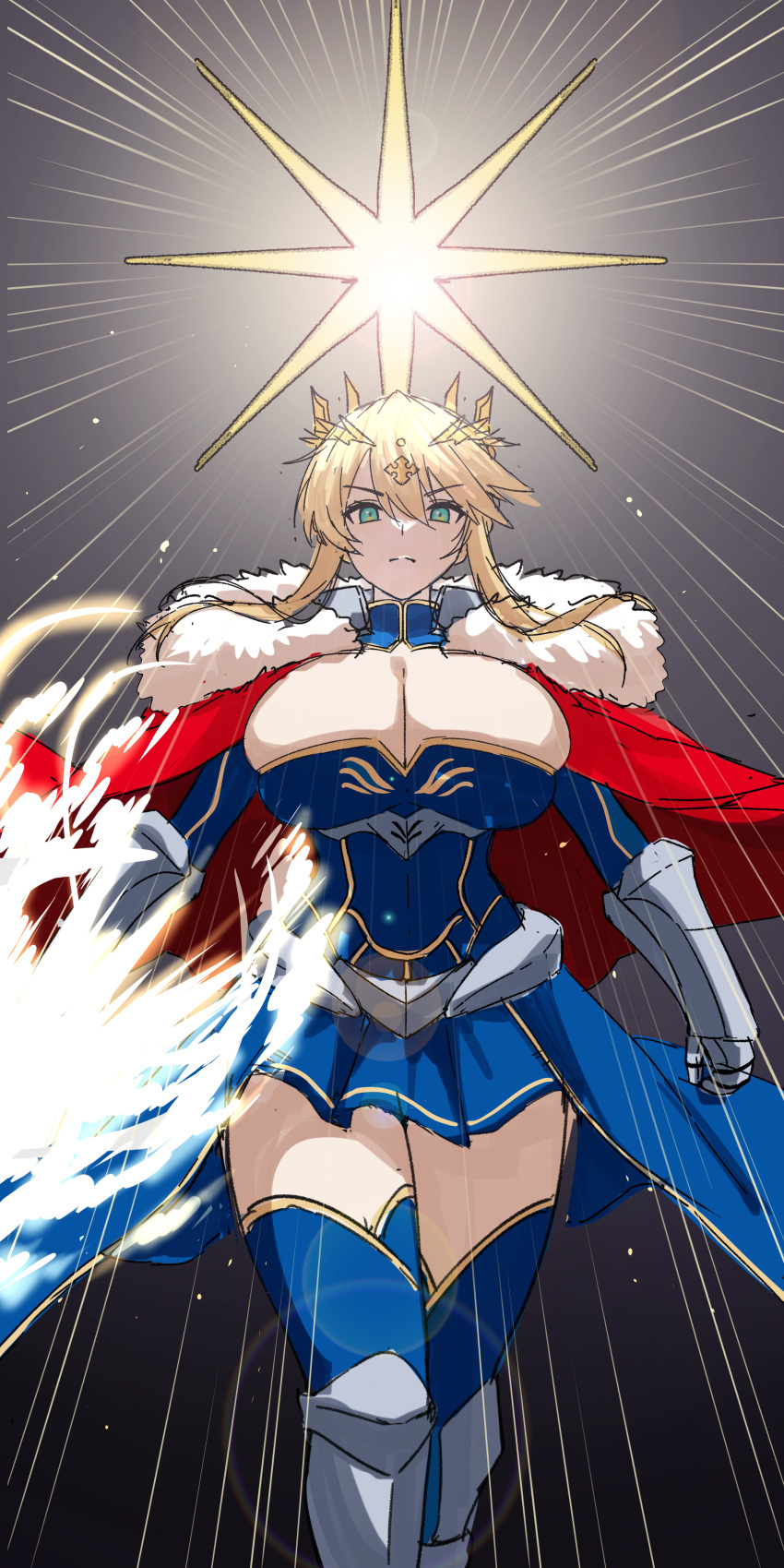 1girl, absurdres, ahoge, artoria_pendragon_(fate), artoria_pendragon_(lancer)_(fate), artoria_pendragon_(lancer)_(third_ascension)_(fate), blonde_hair, blue_gloves, blue_leotard, blue_thighhighs, braid, braided_bun, breasts, cape, cleavage, crown, fate/grand_order, fate_(series), fur-trimmed_cape, fur_trim, gauntlets, gloves, green_eyes, hair_between_eyes, hair_bun, heattech_leotard, highres, huge_breasts, leotard, nekosama_shugyouchuu, red_cape, sanding, sidelocks, solo, thighhighs, turtleneck