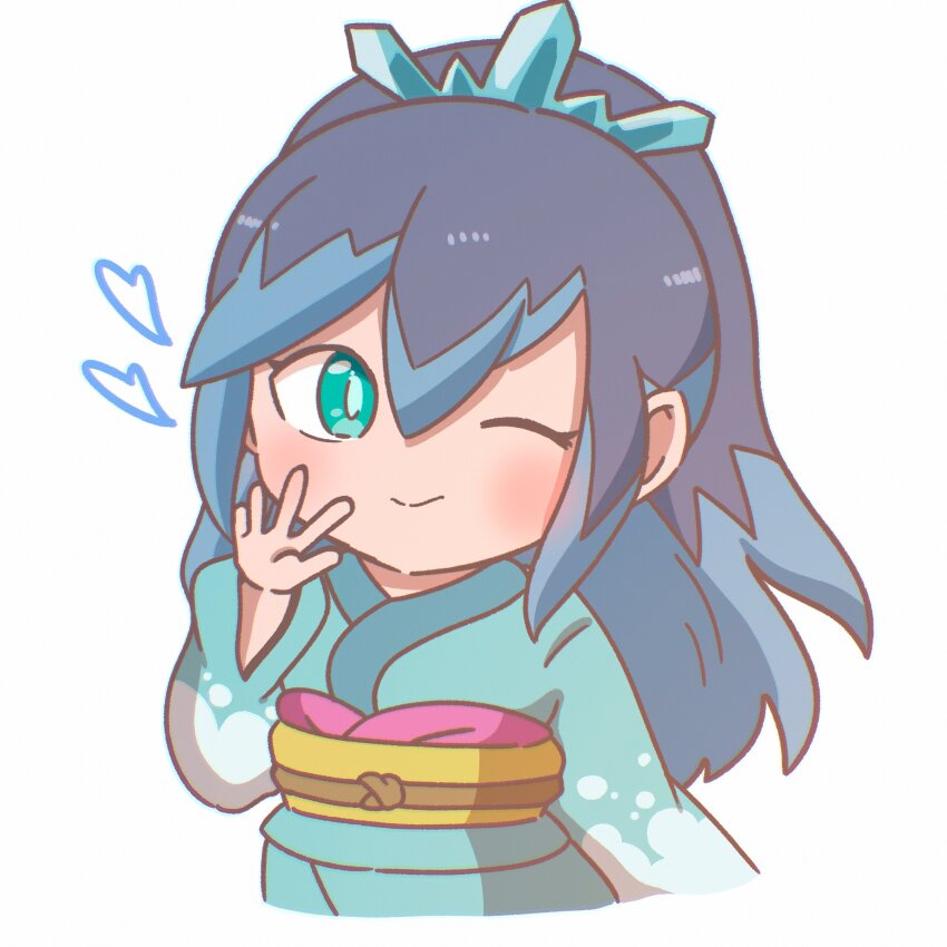 1girl, absurdres, blue_eyes, blue_hair, blue_kimono, fubukihime, heart, highres