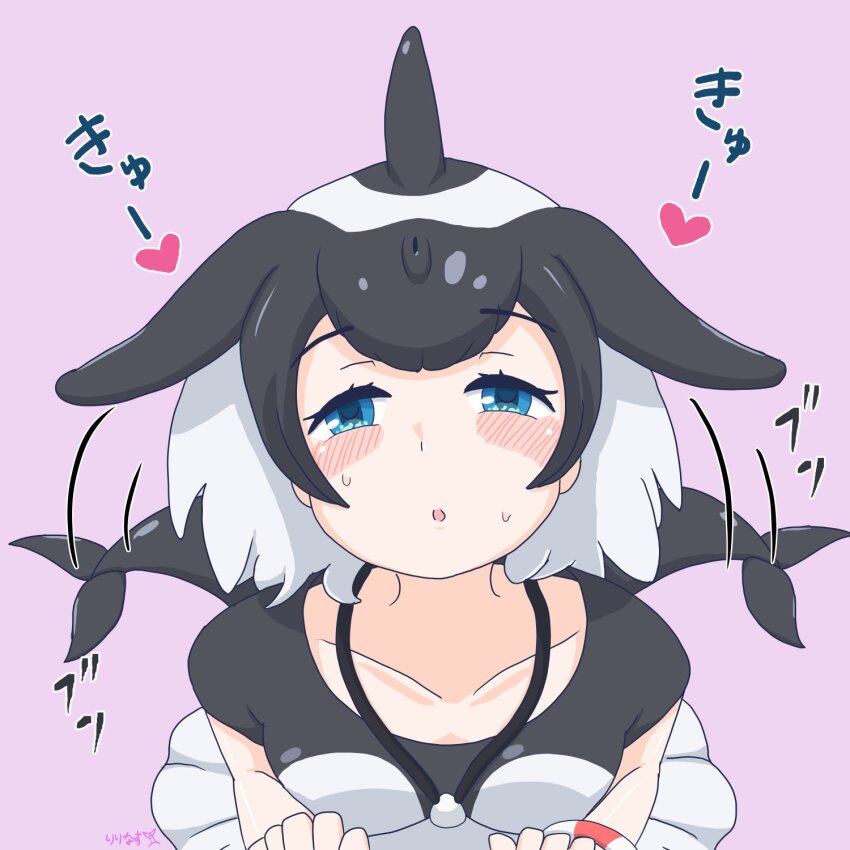 afterimage, black_one-piece_swimsuit, blowhole, blue_eyes, blush, bracelet, cetacean_tail, collarbone