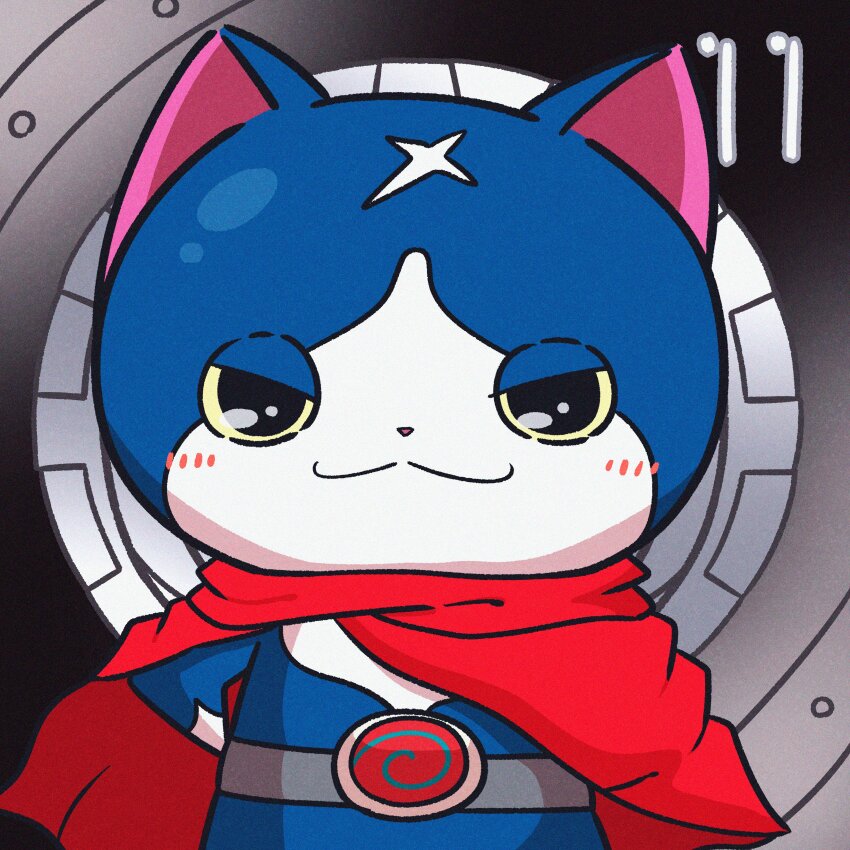 absurdres, belt, blue_fur, blush, cape, fuyunyan, highres, looking_at_viewer