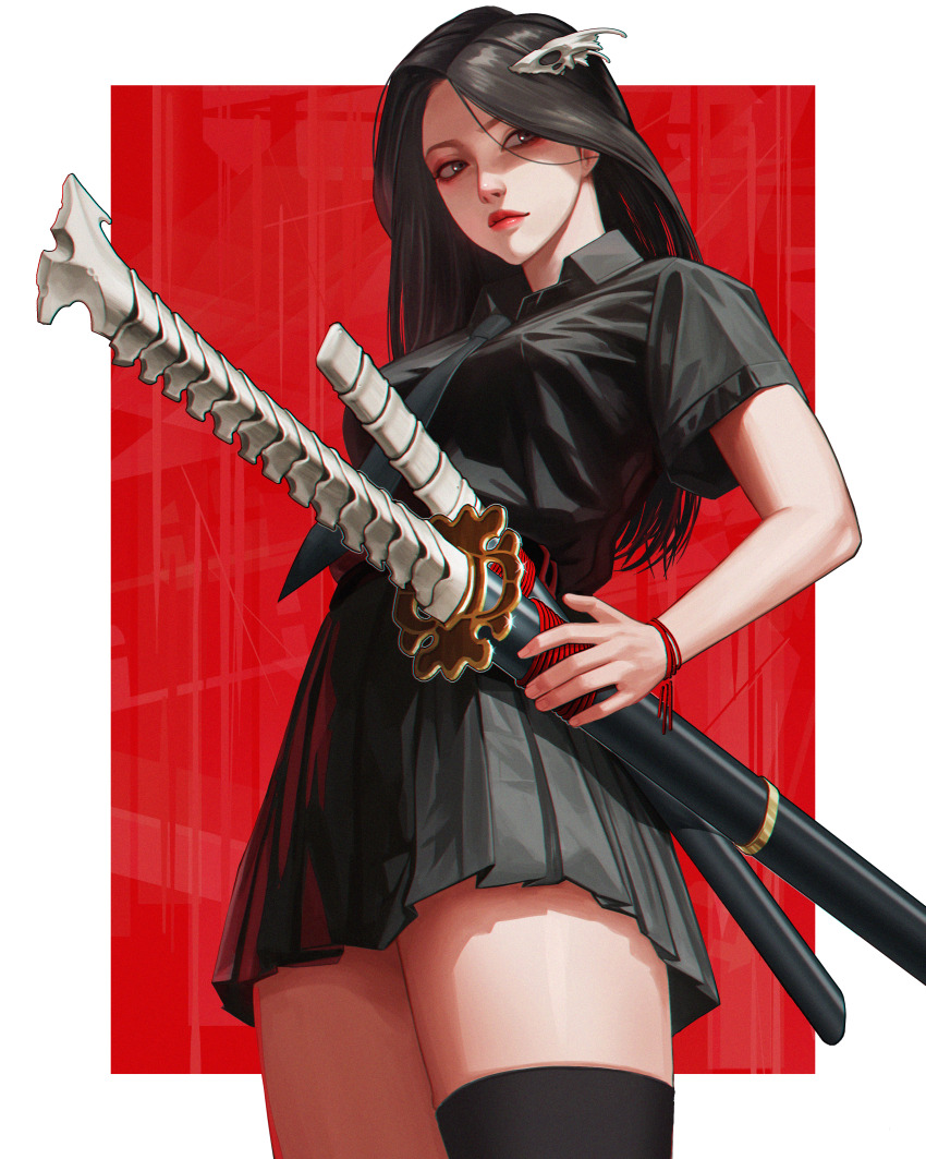 1girl, abstract_background, absurdres, asymmetrical_legwear, black_hair, black_necktie, black_shirt, black_skirt