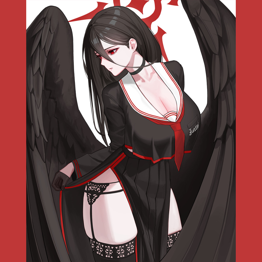 1girl, black_choker, black_garter_belt, black_garter_straps, black_hair, black_shirt, black_skirt, black_thighhighs