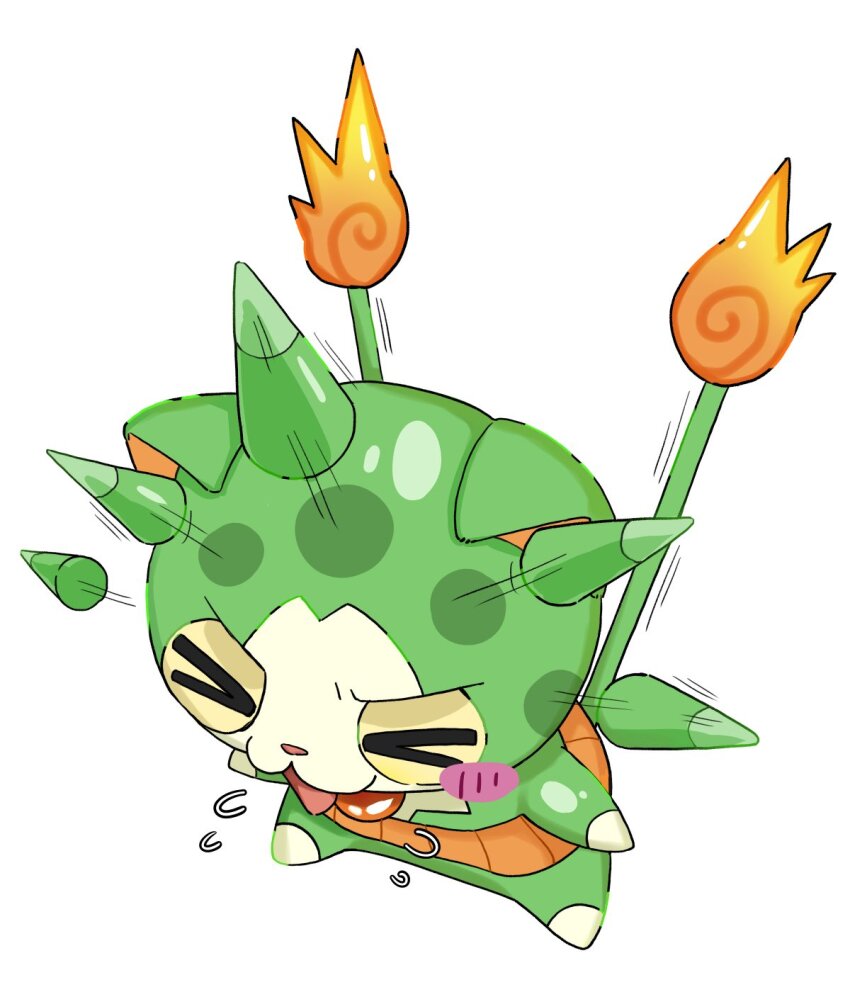 blush_stickers, closed_eyes, fire, flame-tipped_tail, green_fur, highres, hitodama, multiple_tails