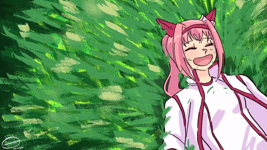 1girl, animal_ears, breaking_bad, closed_eyes, grass, haru_urara_(umamusume), highres, horse_ears