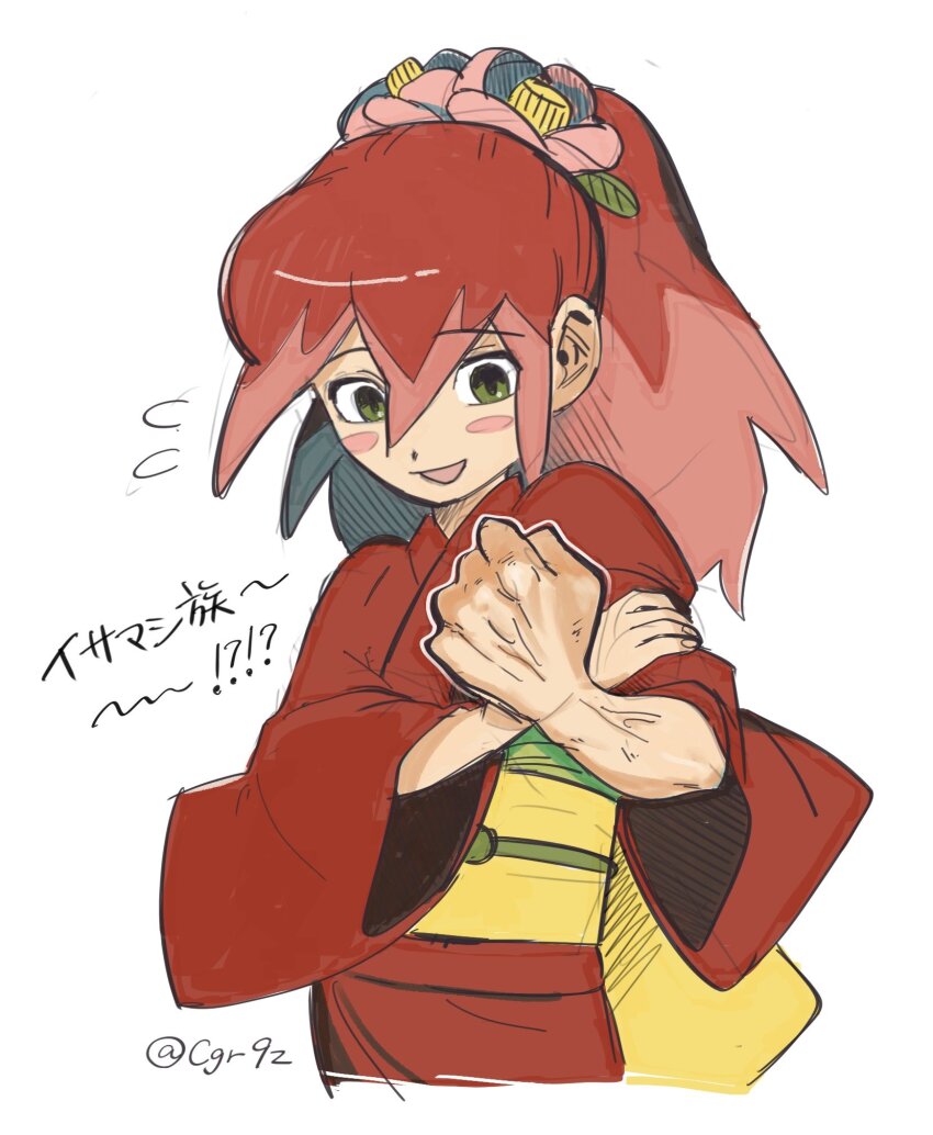 1girl, artist_name, blush_stickers, cgr9z, clenched_hand, flower, green_eyes, grey_background, hair_flower, hair_ornament, highres, japanese_clothes, kimono, long_hair, open_mouth, pink_flower, red_hair, red_kimono, simple_background, solo, translation_request, tsubakihime_(youkai_watch), veins, veiny_arms, youkai_(youkai_watch), youkai_watch