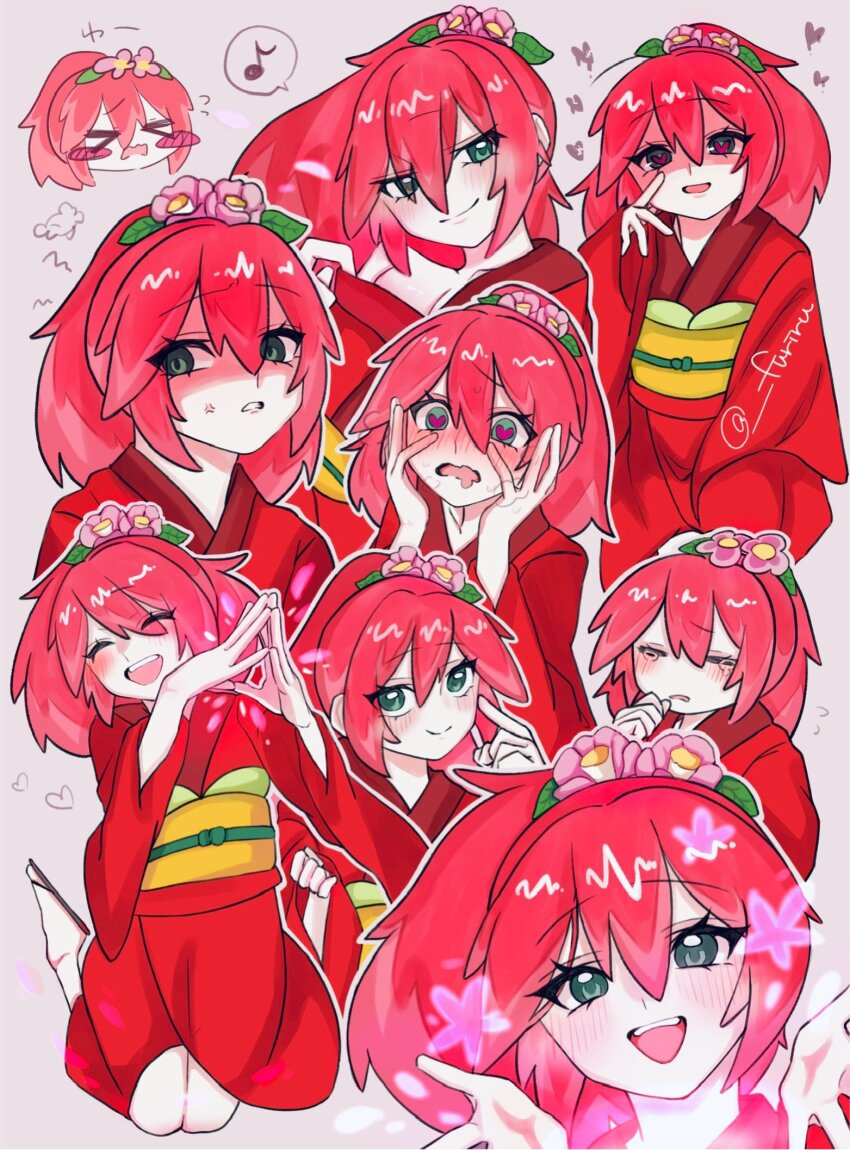 1girl, blush, closed_eyes, flower, green_eyes, hair_flower, hair_ornament, heart