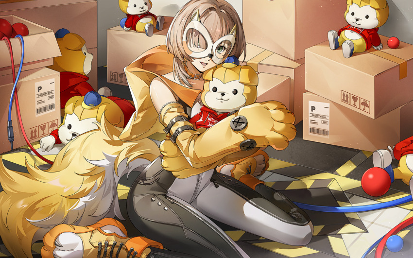 1girl, animal_hands, artist_request, bare_shoulders, blonde_hair, dog_tail, dogenzaka_runa, fake_tail