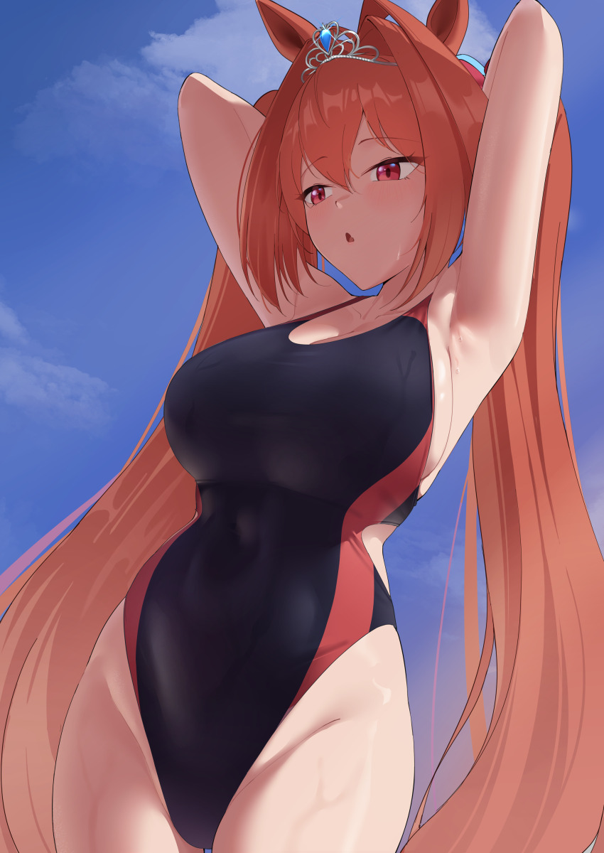 1girl, absurdres, animal_ears, arms_up, blue_one-piece_swimsuit, blue_sky, blush, breasts