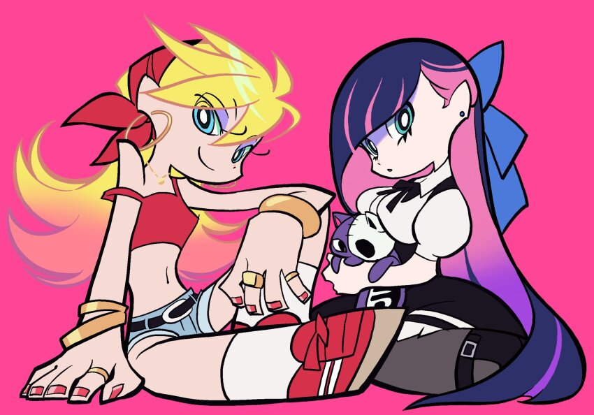 2girls, alternate_costume, arm_support, black_dress, black_pantyhose, black_shoes, blonde_hair, blue_eyes, blue_ribbon, blue_shorts, blunt_bangs, colored_inner_hair, dress, earrings, hair_ribbon, highres, hoop_earrings, hugging_doll, hugging_object, jewelry, long_hair, mattdiex0515, multicolored_hair, multiple_girls, nail_polish, navel, necklace, panty_&amp;_stocking_with_garterbelt, panty_(psg), pantyhose, pink_background, pink_hair, puffy_short_sleeves, puffy_sleeves, purple_hair, red_nails, red_ribbon, red_shoes, red_tank_top, ribbon, ring, shoes, short_shorts, short_sleeves, shorts, siblings, simple_background, sisters, sitting, smile, socks, stocking_(psg), strap_slip, streaked_hair, stud_earrings, stuffed_animal, stuffed_cat, stuffed_toy, swept_bangs, tank_top, two-tone_hair, very_long_hair, white_socks