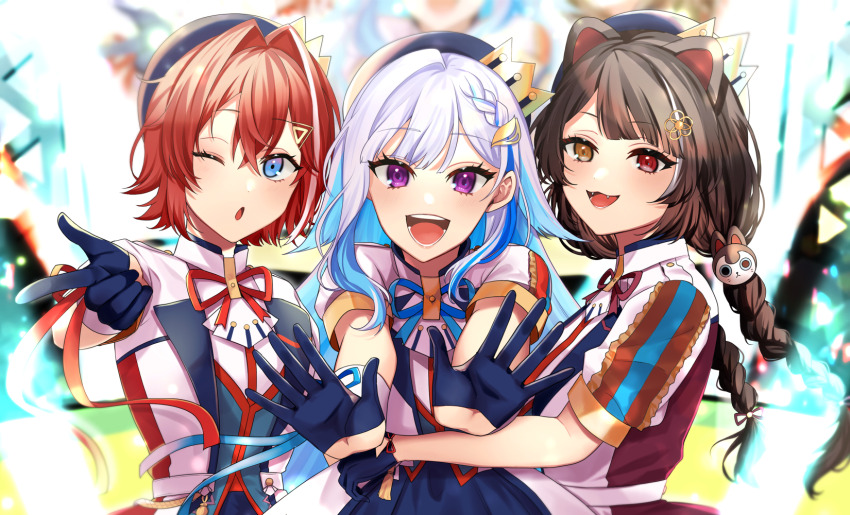 3girls, ange_katrina, animal_ears, animal_hair_ornament, beret, blue_eyes, blue_gloves, blue_hair