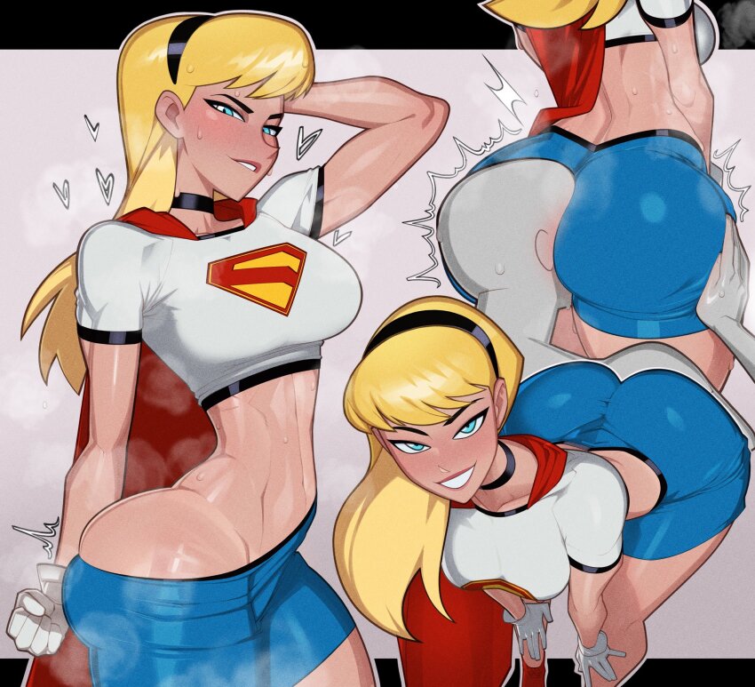 1girl, black_choker, black_hairband, blonde_hair, blue_eyes, blue_skirt, breasts, cape, choker, commentary, crop_top, dc_animated_universe, dc_comics, english_commentary, grin, hairband, highres, large_breasts, long_hair, looking_at_viewer, minicop2001, miniskirt, multiple_boys, multiple_views, print_shirt, red_cape, shirt, short_sleeves, skirt, smile, supergirl, superman:_the_animated_series, superman_(series), white_shirt