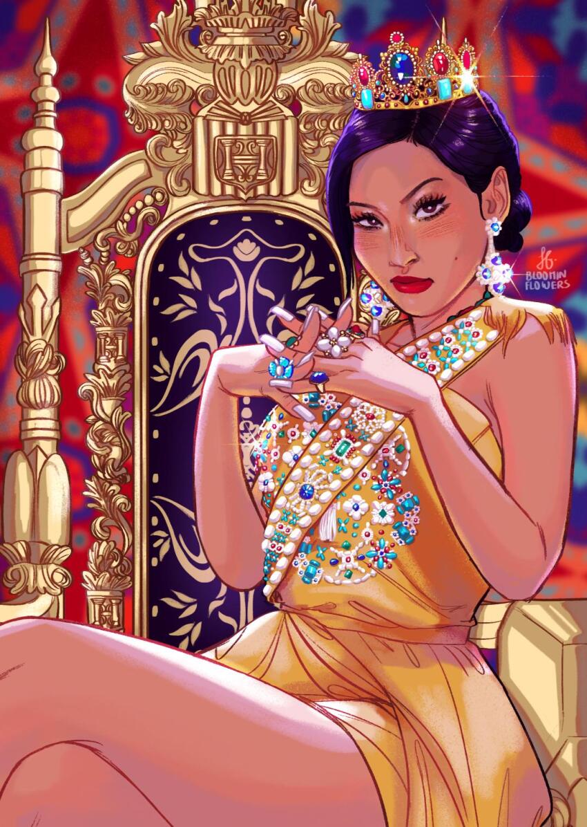 1girl, artist_name, black_hair, bloominflowers, crossed_legs, crown, dress, earrings