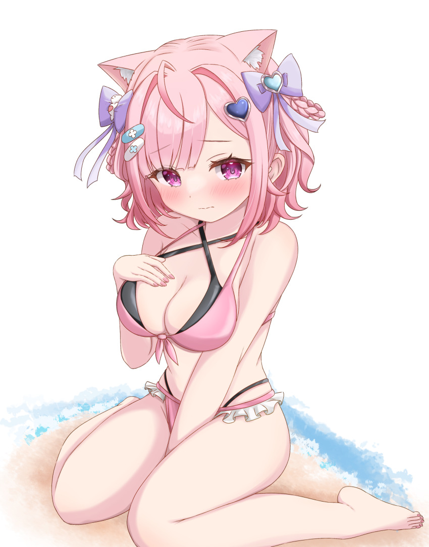 1girl, absurdres, ahoge, animal_ears, bandaid, bandaid_hair_ornament, bare_shoulders, bikini