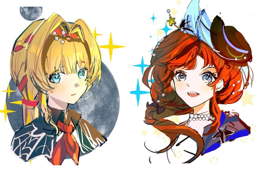 :d, barcarola_(asteroid_allegro)_(reverse:1999), barcarola_(reverse:1999), black_hat, blonde_hair, blue_eyes, braid, braided_bangs, brown_dress, collared_dress, dress, hat, kiperina, long_hair, low_ponytail, neckerchief, official_alternate_costume, open_mouth, ponytail, portrait, red_hair, red_neckerchief, reverse:1999, seventeen_meimi, smile, sparkle, white_background