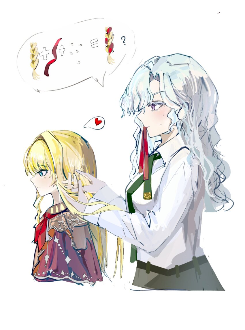 2girls, ?, adjusting_another's_hair, blonde_hair, cloak, green_necktie, hair_tie, heart