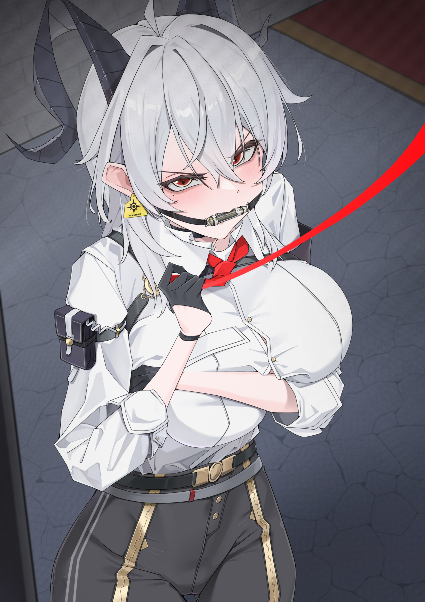 1girl, absurdres, ahoge, arm_pouch, armband, bdsm, belt, bit_gag