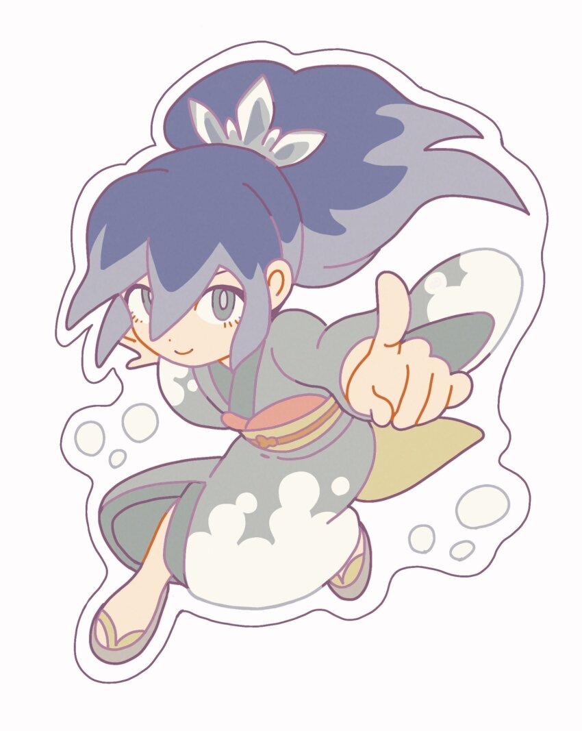 1girl, blue_eyes, blue_hair, blue_kimono, cgr9z, fubukihime, full_body, highres, japanese_clothes, kimono, long_hair, looking_at_viewer, outline, pointing, sandals, simple_background, solo, white_background, white_outline, youkai_(youkai_watch), youkai_watch