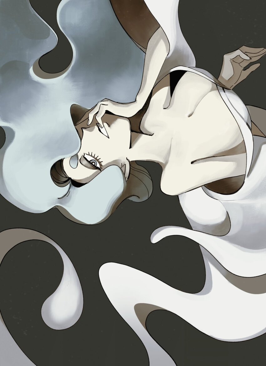 1girl, black_background, breasts, cgr9z, cleavage, enraenra_(youkai_watch), grey_eyes, grey_hair