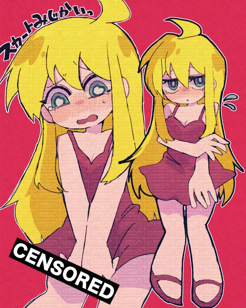 1girl, ahoge, blonde_hair, blue_eyes, blush, dress, embarrassed, hair_between_eyes