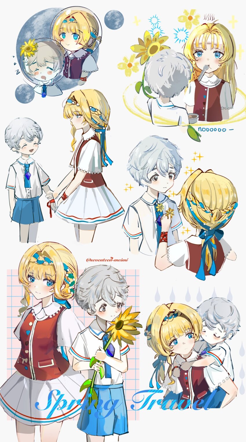 1boy, 1girl, alternate_costume, avgust_(reverse:1999), blonde_hair, blue_eyes, blue_necktie, blue_shorts