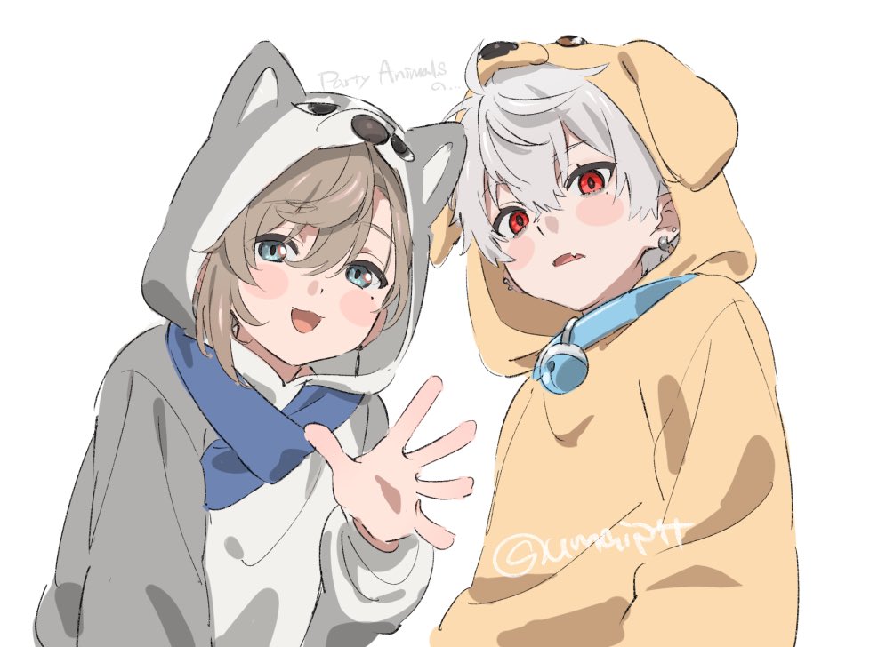 2boys, aged_down, animal_costume, animal_hood, bell, blue_eyes, blush, brown_hair