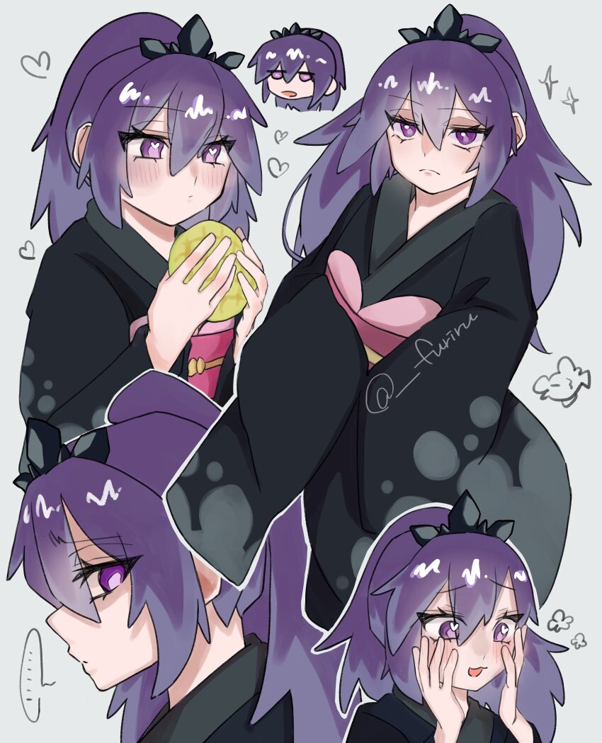 ..., 1girl, black_kimono, food, grey_background, heart, heart-shaped_pupils, highres