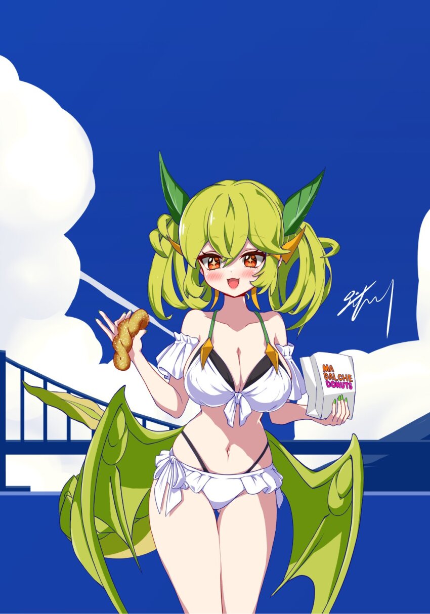 1girl, alternate_costume, bag, bare_shoulders, bikini, blush, breasts, cleavage