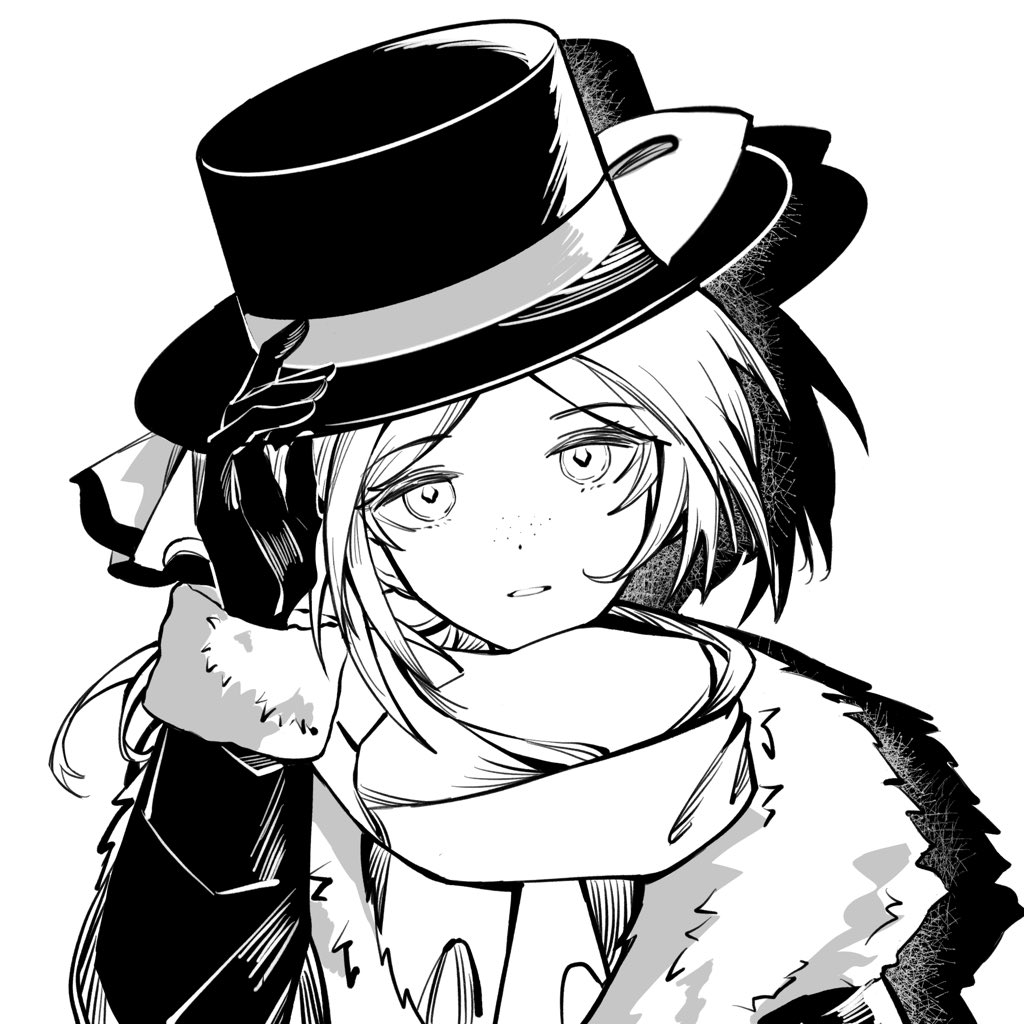 1girl, boater_hat, bow, coat, drop_shadow, freckles, fur-trimmed_coat, fur_trim, gloves, greyscale, hair_bow, hand_up, head_tilt, looking_at_viewer, monochrome, official_alternate_costume, reverse:1999, scarf, seventeen_meimi, short_hair, solo, upper_body, vertin_(reverse:1999), vertin_(winter)_(reverse:1999), white_background