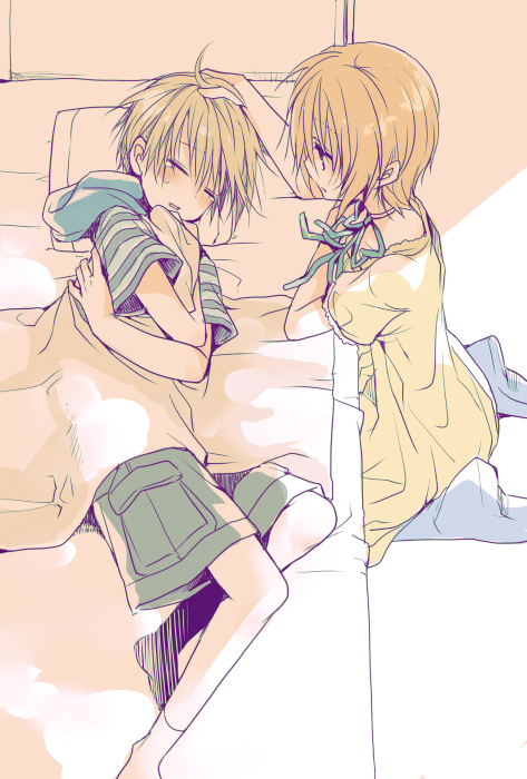 1boy, 1girl, brown_hair, child, clip_studio_paint_(medium), closed_eyes, dress, ever_17