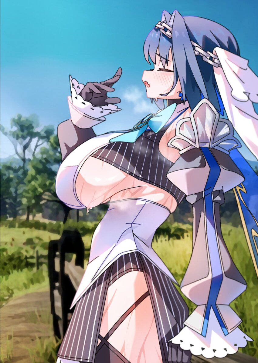 1girl, black_gloves, black_shirt, blue_bow, blue_eyes, blue_hair, blue_sky, blurry, blurry_background, blush, bow, bow_earrings, breasts, breath, chain, chain_headband, commentary, cowboy_shot, crop_top, day, detached_sleeves, earrings, english_commentary, fang, from_side, gloves, gurumie, hair_intakes, hand_up, high-waist_skirt, highres, hololive, hololive_english, horizontally_flipped, hot, huge_breasts, jewelry, long_sleeves, open_mouth, ouro_kronii, ouro_kronii_(1st_costume), outdoors, photo_background, pinstripe_pattern, pinstripe_shirt, profile, puffy_long_sleeves, puffy_sleeves, shirt, short_hair, skin_fang, skirt, sky, sleeveless, sleeveless_shirt, solo, sweat, underboob, veil, very_sweaty, virtual_youtuber, white_shirt, white_veil