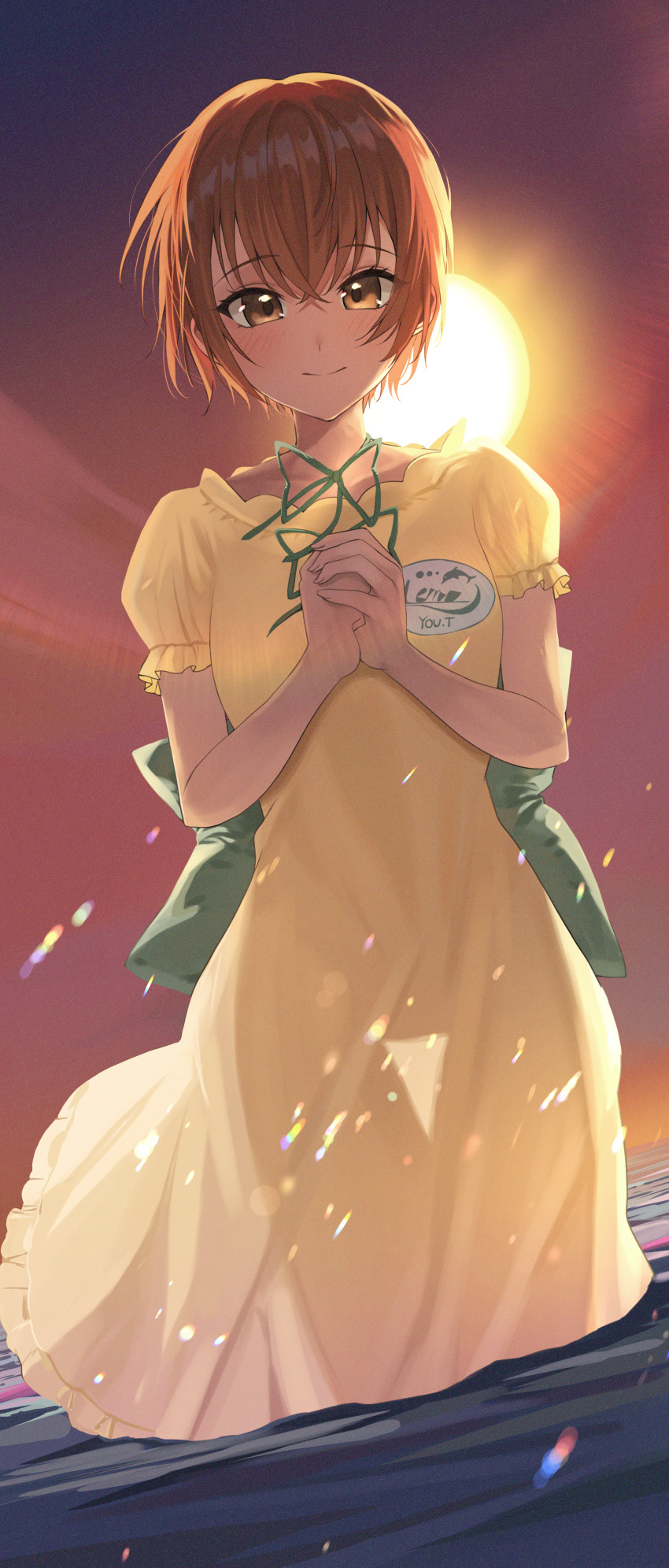 1girl, absurdres, dress, ever_17, gradient_sky, highres, orange_eyes, orange_hair