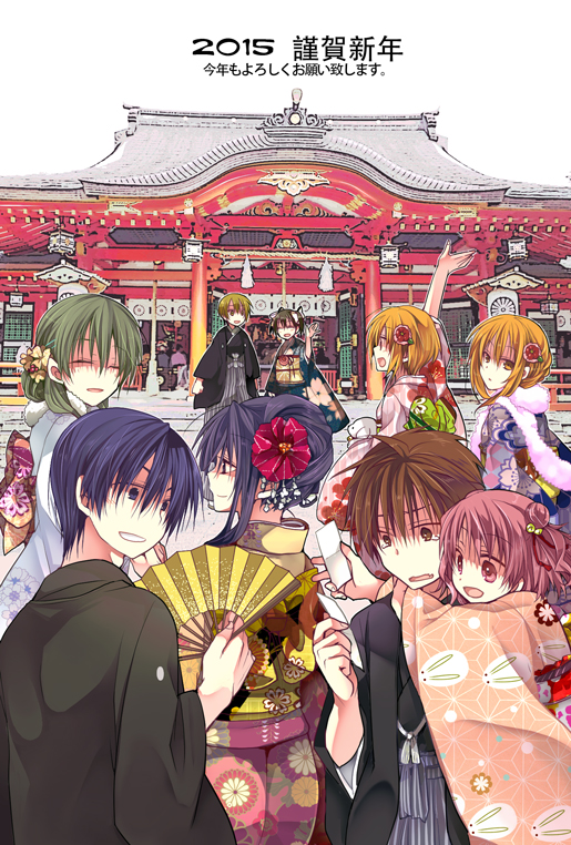 2boys, 6+girls, akanegasaki_sora, black_dress, black_hair, blonde_hair, blue_eyes, blue_hair