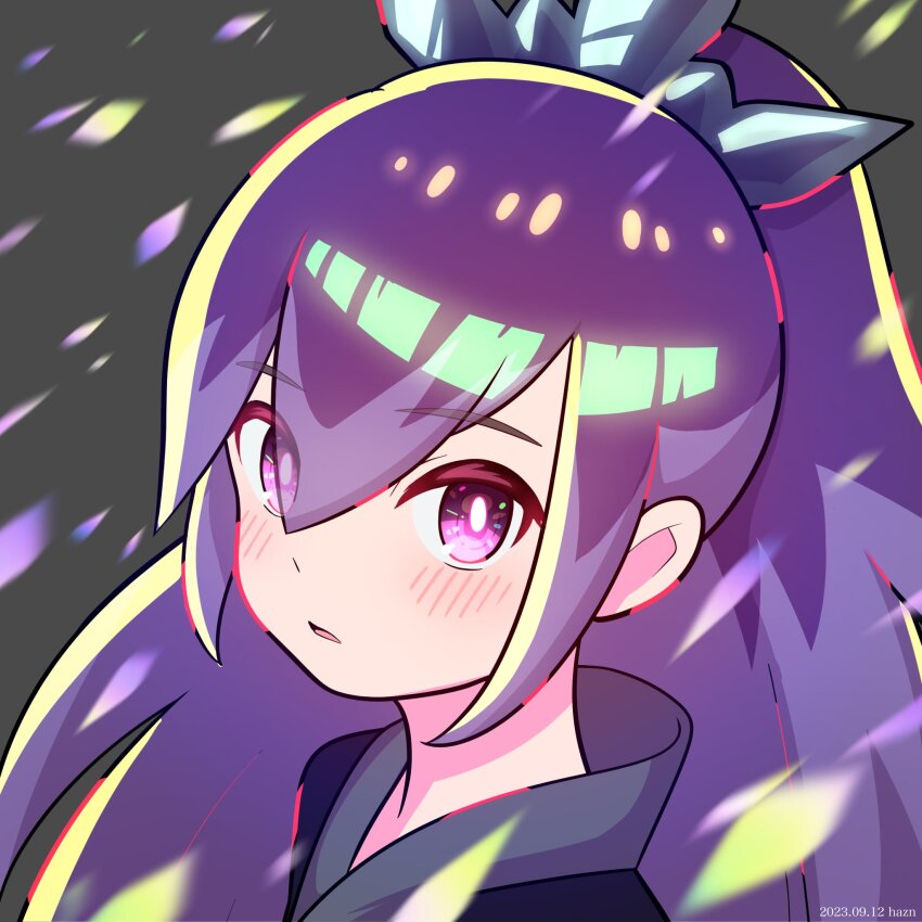 1girl, artist_name, black_background, black_kimono, blush, bright_pupils, dated, haz_hazn