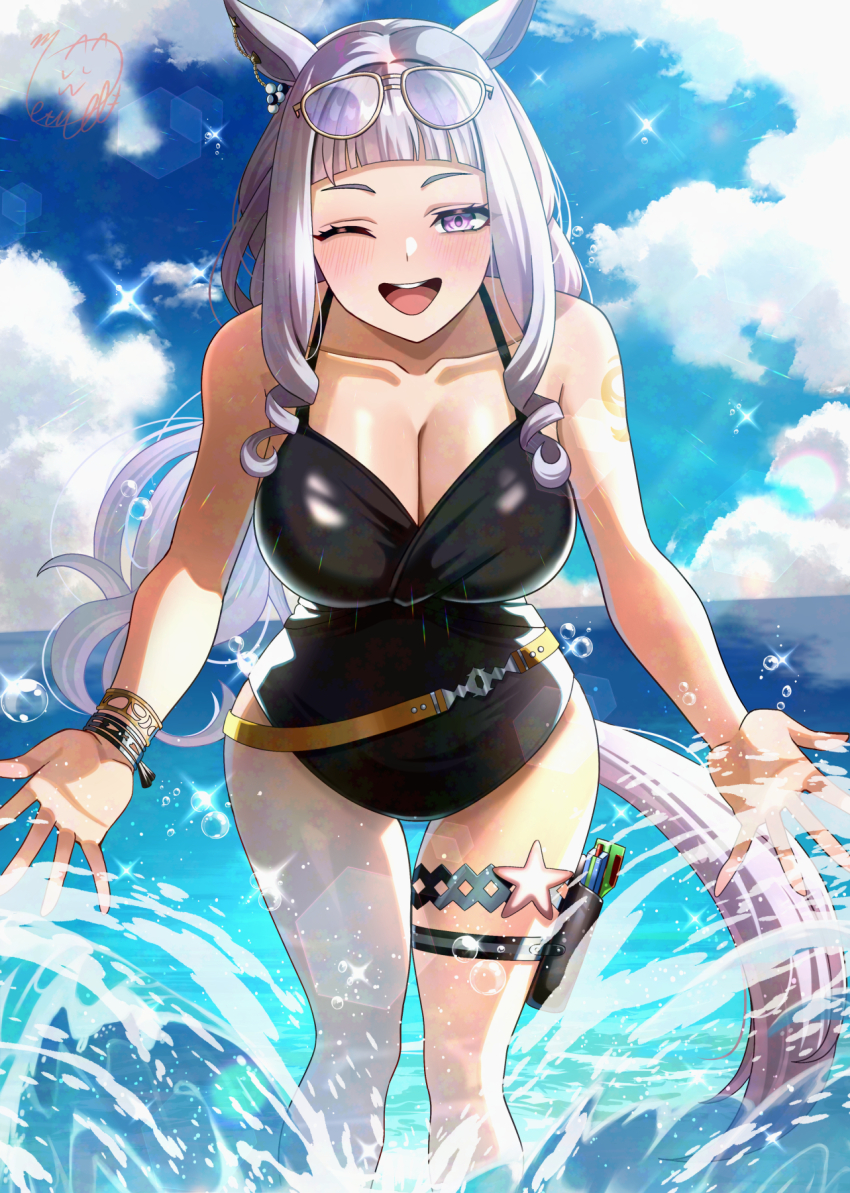 1girl, animal_ears, black_one-piece_swimsuit, blue_sky, bracelet, breasts, casual_one-piece_swimsuit, cloud