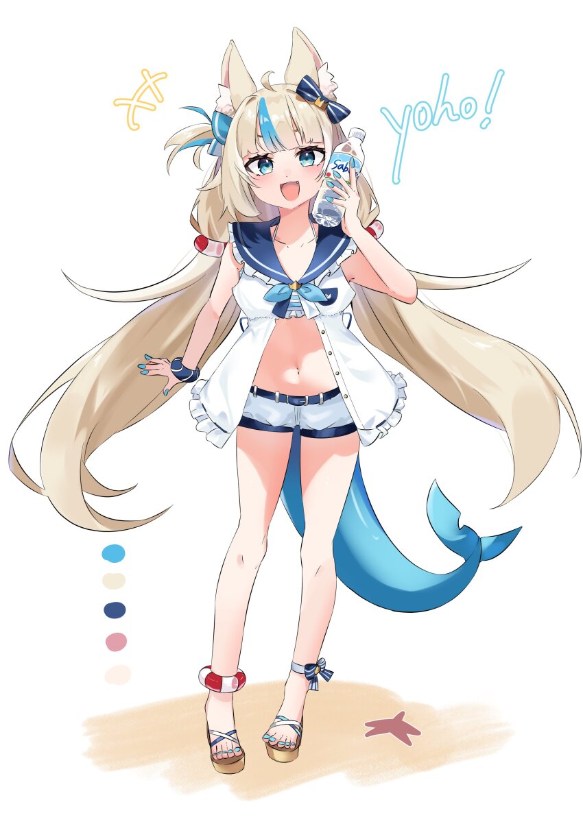 1girl, absurdres, ahoge, animal_ear_fluff, animal_ears, belt, bikini, bikini_under_clothes, blonde_hair, blue_eyes, bottle, cat_ears, dress, fang, feet, fins, fish_tail, full_body, highres, indie_virtual_youtuber, long_hair, multicolored_hair, nail_polish, navel, open_clothes, open_dress, open_mouth, sameko_saba, sandals, short_dress, short_shorts, shorts, sleeveless, sleeveless_dress, smile, solo, sorusugar0141, standing, stomach, streaked_hair, striped_bikini, striped_clothes, swimsuit, tail, thighs, toes, twintails, virtual_youtuber, water_bottle, white_dress, white_shorts