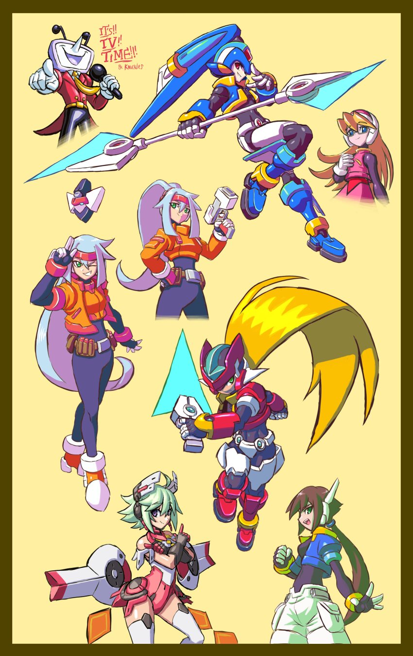 2boys, 4girls, absurdres, aile_(mega_man_zx), alternate_hairstyle, ant_tenna, armor, ashe_(mega_man)