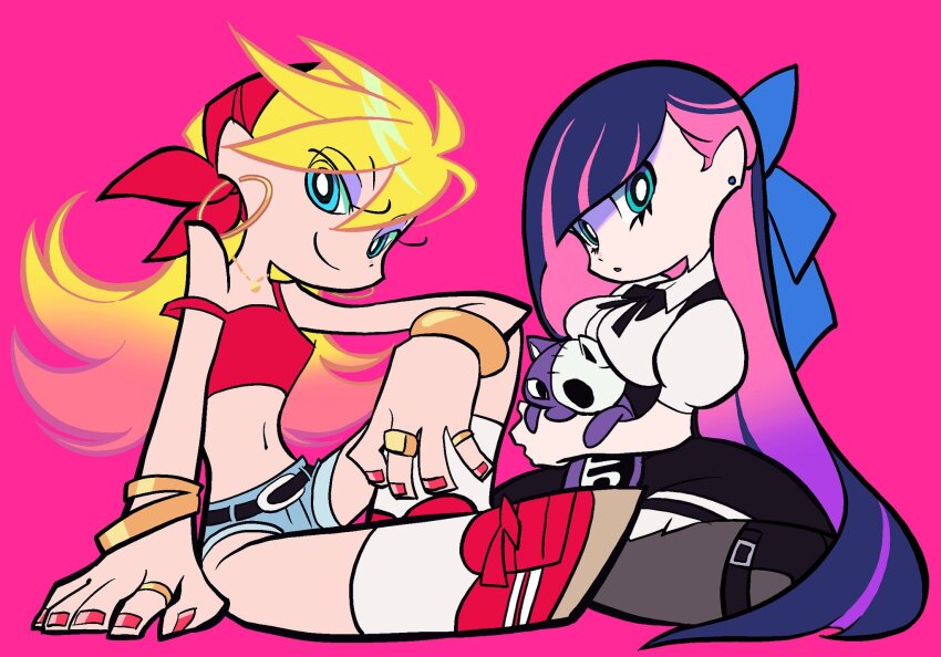 2girls, arm_support, black_dress, black_pantyhose, black_shoes, blonde_hair, blue_eyes, blue_ribbon, blue_shorts, blunt_bangs, colored_inner_hair, dress, earrings, hair_ribbon, highres, hoop_earrings, hugging_doll, hugging_object, jewelry, long_hair, mattdiex0515, multicolored_hair, multiple_girls, nail_polish, navel, necklace, panty_&amp;_stocking_with_garterbelt, panty_(psg), pantyhose, pink_background, pink_hair, puffy_short_sleeves, puffy_sleeves, purple_hair, red_nails, red_ribbon, red_shoes, red_tank_top, ribbon, ring, shoes, short_shorts, short_sleeves, shorts, simple_background, sitting, smile, socks, stocking_(psg), strap_slip, streaked_hair, stud_earrings, stuffed_animal, stuffed_cat, stuffed_toy, swept_bangs, tank_top, two-tone_hair, very_long_hair, white_socks