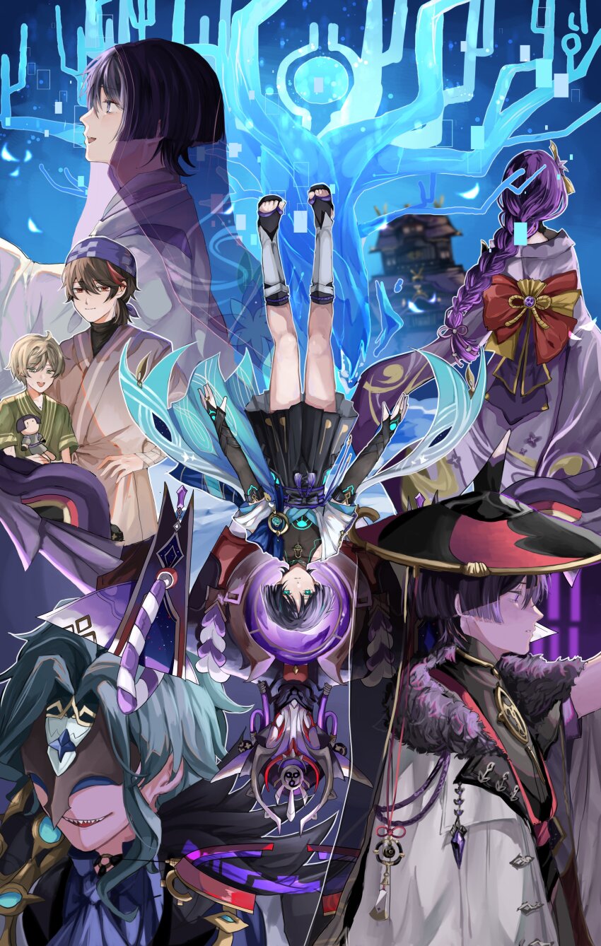 1girl, 6+boys, absurdres, anemo_symbol_(genshin_impact), aqua_eyes, aqua_gem, aqua_hair, architecture