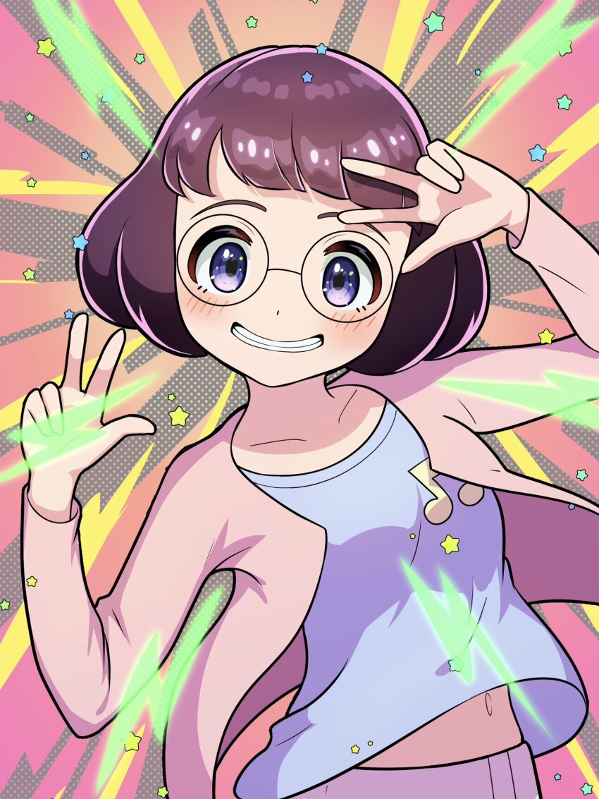 1girl, blue_shirt, blush, brown_hair, double_v, glasses, grin, haz_hazn