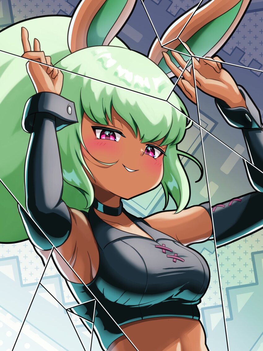 1girl, animal_ears, arms_up, black_choker, black_shirt, black_sleeves, blush, breasts