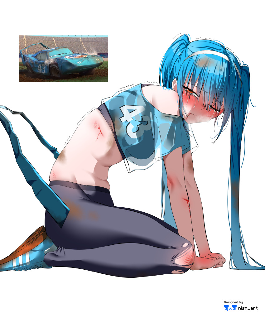 1girl, absurdres, animification, bare_shoulders, blue_hair, blush, car, cars_(movie), commentary, crash, crop_top, crop_top_overhang, crying, cuts, english_commentary, hair_over_eyes, headband, highres, injury, long_hair, looking_at_viewer, motor_vehicle, nisp_art, one_eye_closed, orange_eyes, original, pants, personification, seiza, shoes, short_sleeves, simple_background, sitting, sneakers, strip_weathers, translucent, twintails, vehicle_and_personification, very_long_hair, white_background, yoga_pants