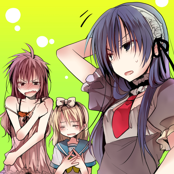 3girls, alternate_costume, blonde_hair, blue_eyes, blue_hair, blush, bow, brown_hair