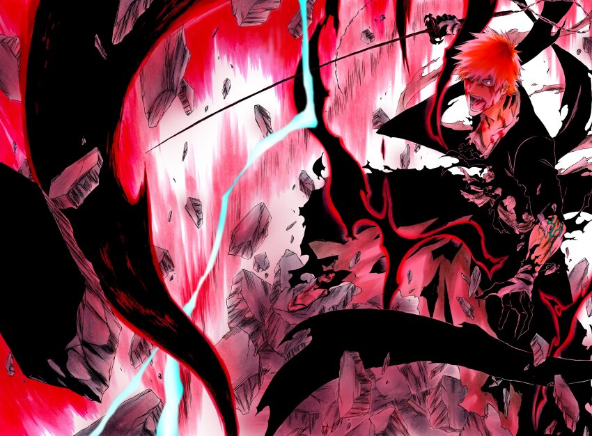1boy, absurdres, arm_markings, aura, bankai, black_jacket, bleach, bleach:_sennen_kessen-hen, blood, blood_on_face, blut_vene, chain, collarbone, commentary, commission, debris, english_commentary, fighting_stance, foot_out_of_frame, gloves, glowing, glowing_eye, glowing_lines, highres, holding, holding_sword, holding_weapon, jacket, katana, ken'ichi_(ken1ro_u), kurosaki_ichigo, long_sleeves, looking_at_viewer, male_focus, nose, one_eye_closed, open_mouth, orange_hair, red_eyes, rubble, sash, second-party_source, shihakusho, short_hair, skeb_commission, solo, spiked_hair, standing, sword, teeth, tensa_zangetsu_(bankai), torn_clothes, torn_sleeve, weapon, wide-eyed, zanpakutou