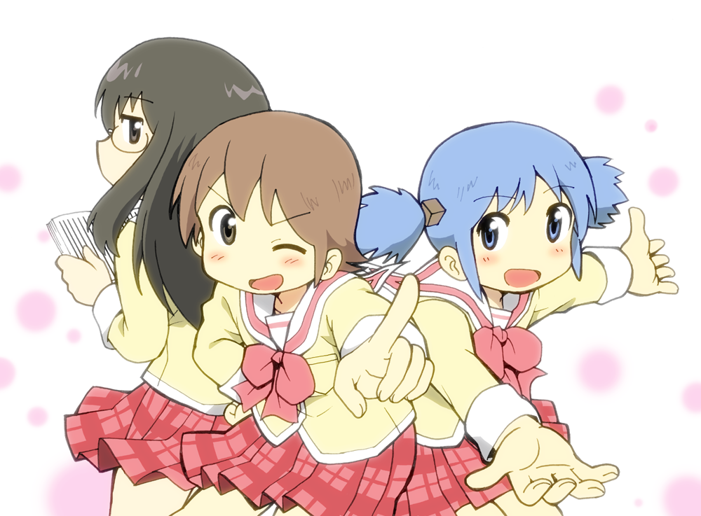 3girls, aioi_yuuko, black_hair, blue_eyes, blue_hair, book, bow, brown_eyes