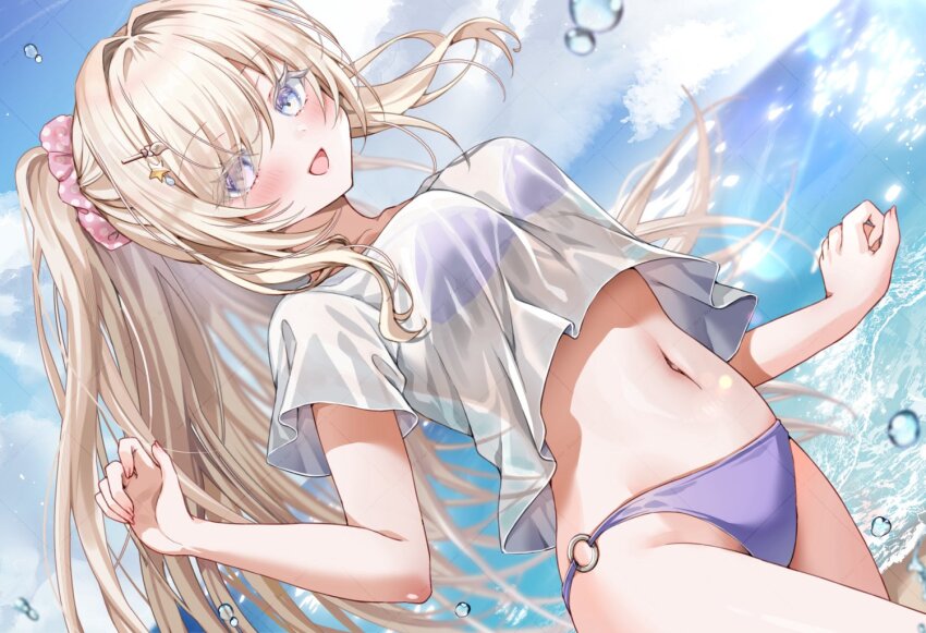 1girl, beach, bikini, blue_sky, blush, breasts, cloud, commentary_request, commission, day, diphylleia_suclair, hair_ornament, indie_virtual_youtuber, large_breasts, long_hair, looking_at_viewer, navel, ocean, open_mouth, outdoors, ponytail, purple_bikini, shirt, skeb_commission, sky, smile, solo, swimsuit, very_long_hair, virtual_youtuber, water, white_shirt, yam_(yamap_mako)
