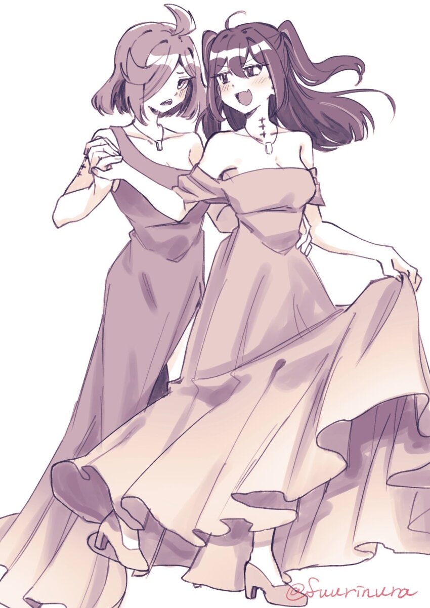 2girls, ahoge, akoya_matama, anemo_nemo, blush, commentary_request, dancing, dress